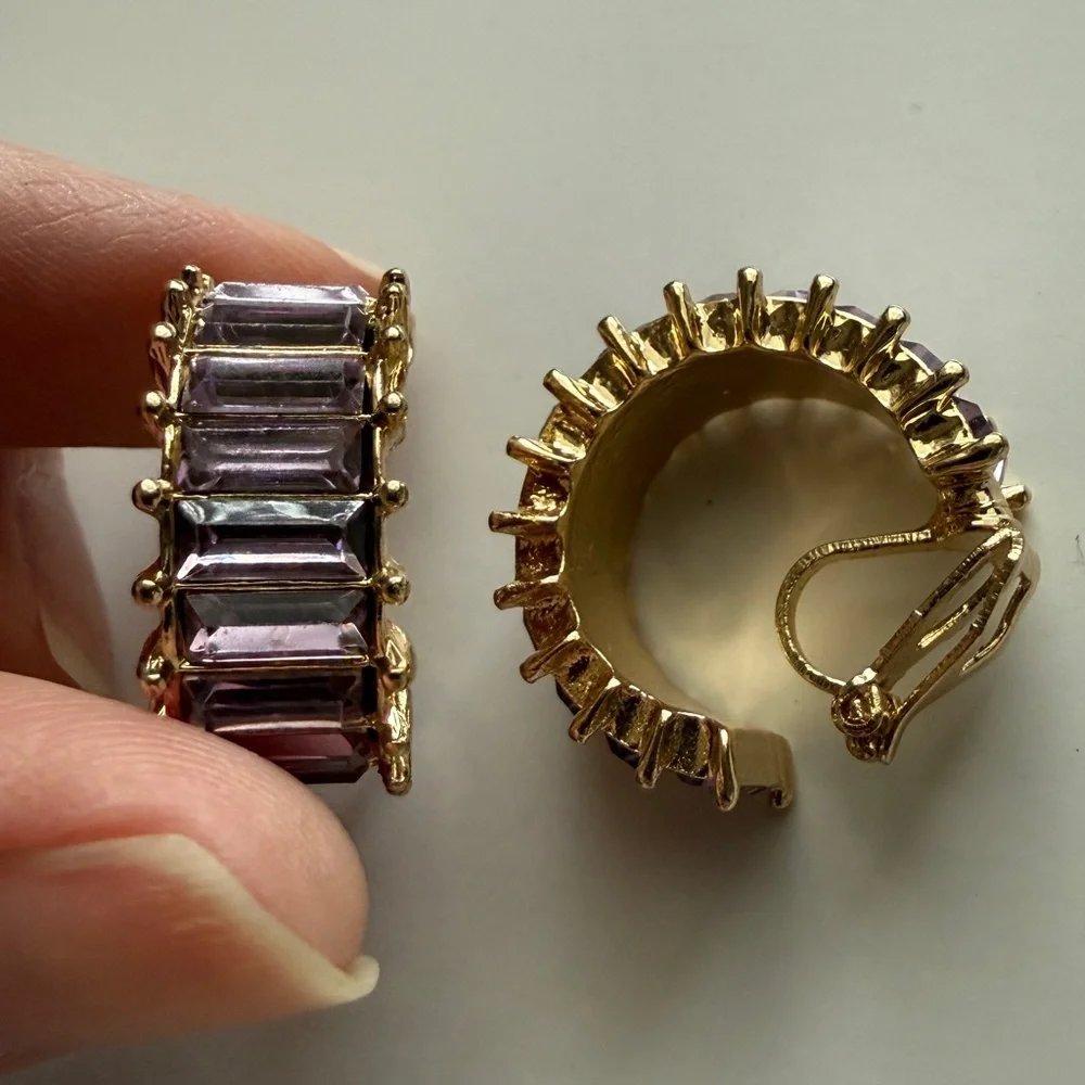 Elegant Gold and Purple Amethyst Hoop Clip On Earrings - Picture 5 of 6